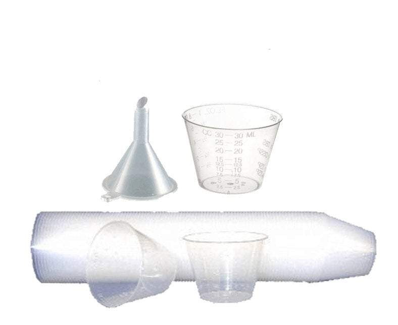 25 Disposable Measuring Cups 30ml Medicine Cup, Essential Oil Mixing HDPE Perfume Decanting, Essential Oil Measuring Dispenser 1 Mini Funnel