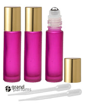 Load image into Gallery viewer, 6 HOT PINK Magenta Frosted Rollerball Bottles w/ Stainless STEEL Roll-On 10ml Essential Oil, Perfume Roller Top Gold Caps Roll-on Bottles