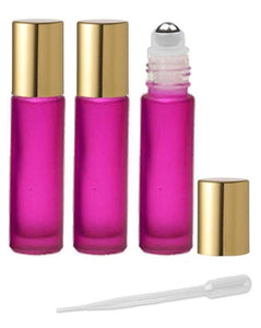 12 HOT PINK Magenta Frosted Rollerball Bottles w/ Stainless STEEL Roll-On 10ml Essential Oil Perfume Roller Matte Silver Caps Bottles