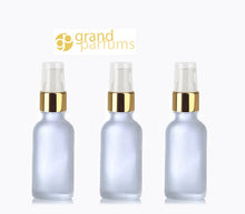 Load image into Gallery viewer, FROSTED 1 Oz Glass Bottles w/ GOLD Metallic Spray and/or Treatment Pumps LUXURY 30ml Cosmetic Skincare Packaging, Serum Lotion Container