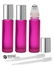 Load image into Gallery viewer, 6 HOT PINK Magenta Frosted Rollerball Bottles w/ Stainless STEEL Roll-On 10ml Essential Oil, Perfume Roller Top Gold Caps Roll-on Bottles