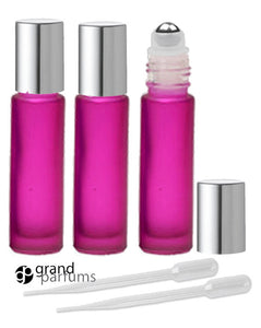 6 HOT PINK Magenta Frosted Rollerball Bottles w/ Stainless STEEL Roll-On 10ml Essential Oil, Perfume Roller Top Gold Caps Roll-on Bottles