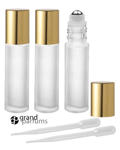 6 FROSTED 10mL DELUXE Italian Rollerball Bottles Steel Rollers Gold or Silver Metallic Caps