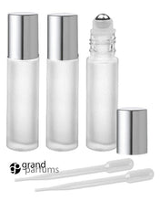 Load image into Gallery viewer, 6 FROSTED 10mL DELUXE Italian Rollerball Bottles Steel Rollers Gold or Silver Metallic Caps