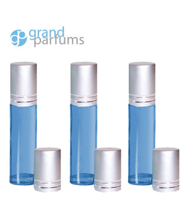 3 Light Blue 10ml Empty Glass Roller Ball Roll On Bottles with STAINLESS STEEL ROLLERS Gold or Matte Silver Caps Essential Oil Perfume