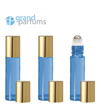 Load image into Gallery viewer, 3 Light Blue 10ml Empty Glass Roller Ball Roll On Bottles with STAINLESS STEEL ROLLERS Gold or Matte Silver Caps Essential Oil Perfume