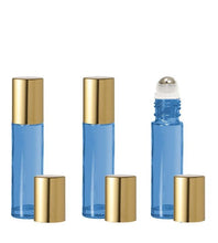 Load image into Gallery viewer, 10 ml Empty Glass Roller Ball Light Blue Roll On Bottles 12 Pcs with STAINLESS STEEL ROLLERS Gold or Matte Silver Caps Essential Oil Perfume