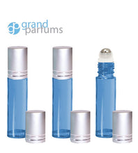 Load image into Gallery viewer, 3 Light Blue 10ml Empty Glass Roller Ball Roll On Bottles with STAINLESS STEEL ROLLERS Gold or Matte Silver Caps Essential Oil Perfume