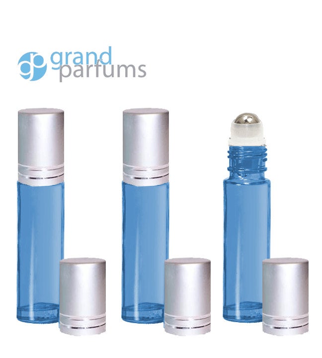 3 Light Blue 10ml Empty Glass Roller Ball Roll On Bottles with STAINLESS STEEL ROLLERS Gold or Matte Silver Caps Essential Oil Perfume