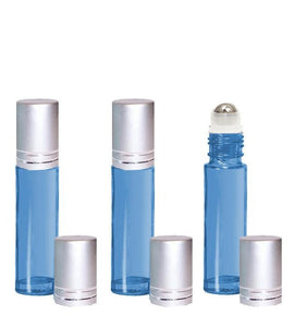 10 ml Empty Glass Roller Ball Light Blue Roll On Bottles 12 Pcs with STAINLESS STEEL ROLLERS Gold or Matte Silver Caps Essential Oil Perfume