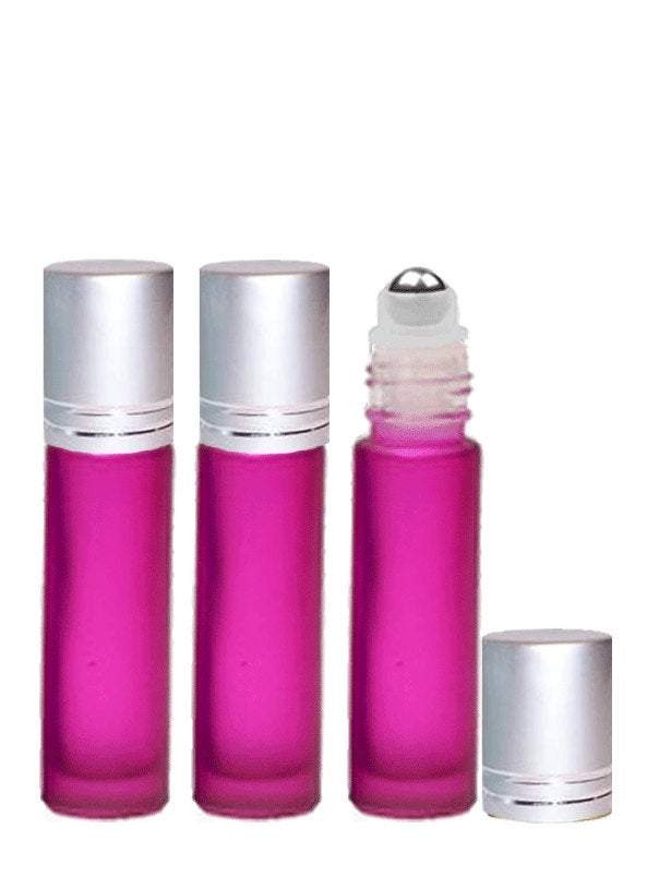 12 HOT PINK Magenta Frosted Rollerball Bottles w/ Stainless STEEL Roll-On 10ml Essential Oil Perfume Roller Matte Silver Caps Bottles