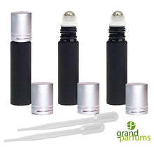 Load image into Gallery viewer, 3  Black Glass Rollon Bottles PREMIUM UPSCALE roll-on Stainless Steel Metal Roller Fitments Matte Silver Metallic Cap Mens 10ml 1/3 Oz