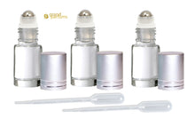 Load image into Gallery viewer, 6 5ml Clear Roll on Glass Bottles w/ STAINLESS Steel Roller Balls, SILVER Caps Essential Oil, Perfume Roller Top 1/6 Oz Vial Mini Sampler