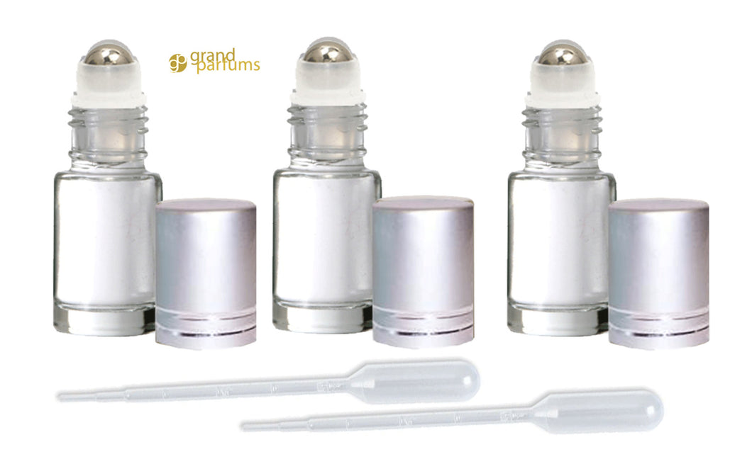 6 5ml Clear Roll on Glass Bottles w/ STAINLESS Steel Roller Balls, SILVER Caps Essential Oil, Perfume Roller Top 1/6 Oz Vial Mini Sampler