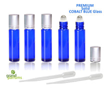 Load image into Gallery viewer, 6 SOLID Cobalt Blue PREMIUM Roll On Bottles Matte Silver Cap STAINLESS Steel Roller Balls 10ml Essential Oil, Perfume Roller Ball 1/3 Oz.