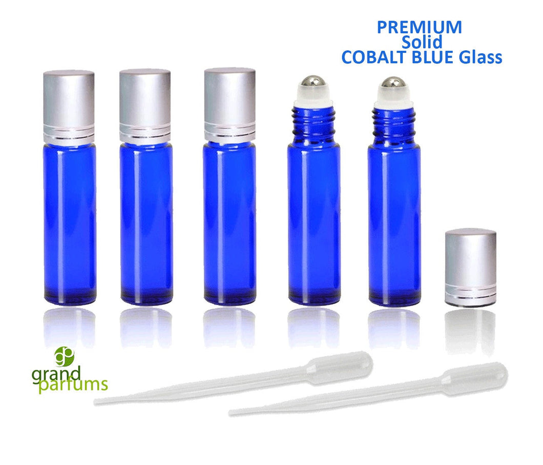3 SOLID Cobalt Blue PREMIUM Roll On Bottles Matte Silver Cap STAINLESS Steel Roller Balls 10ml Essential Oil, Perfume Roller Ball 1/3 Oz.