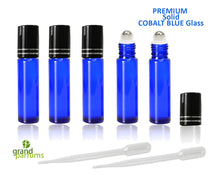 Load image into Gallery viewer, 3 Solid Cobalt Blue PREMIUM 10ml Roll On Bottles Black Aluminum Shiny Cap STAINLESS Steel Roller Balls Essential Oil,  Roller Ball 1/3 Oz.
