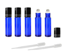 Load image into Gallery viewer, 12 STAINLESS Steel Roller Ball Bottles 10ml SOLID Cobalt Blue PREMIUM Roll On with Black Metal Cap Essential Oil Perfume Roller Ball 1/3 Oz.