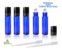 Load image into Gallery viewer, 3 SOLID Cobalt Blue PREMIUM Roll On Bottles Matte Silver Cap STAINLESS Steel Roller Balls 10ml Essential Oil, Perfume Roller Ball 1/3 Oz.