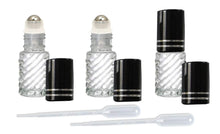 Load image into Gallery viewer, 24 5ml Clear Roll on Glass Bottles w/ STAINLESS Steel Roller Balls BLACK Shiny METAL Caps Essential Oil, Perfume Roller Top 1/6 Oz Sampler