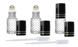 24 5ml Clear Roll on Glass Bottles w/ STAINLESS Steel Roller Balls BLACK Shiny METAL Caps Essential Oil, Perfume Roller Top 1/6 Oz Sampler