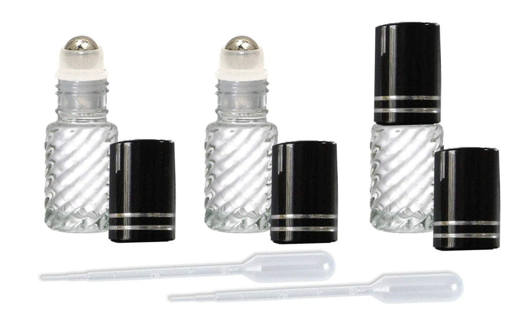 24 5ml Clear Roll on Glass Bottles w/ STAINLESS Steel Roller Balls BLACK Shiny METAL Caps Essential Oil, Perfume Roller Top 1/6 Oz Sampler