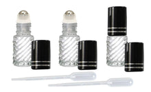 Load image into Gallery viewer, 12 5ml Clear Roll On Glass Bottles STAINLESS Steel Roller Balls Shiny Black Aluminum Striped Caps Essential Oil, Perfume 1/6 Oz Mini Sampler