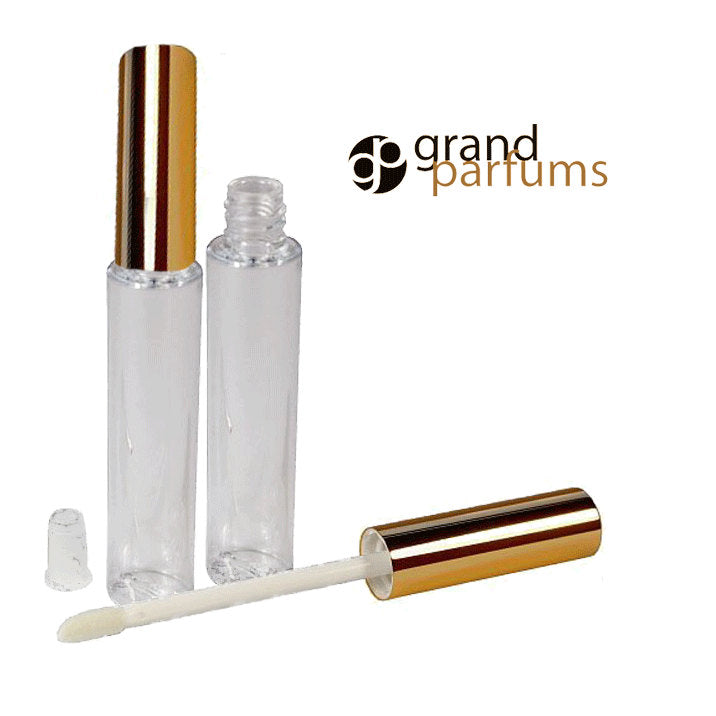 6 Lip Gloss 10ml Tubes w/ Metallic GOLD Wand Tops Private Label Cosmetic Packaging Lipstick Balm Makeup Artists Soft flocked tip PVC PLASTIC