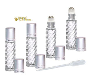 6 CLEAR Rollerball Bottles 10mL, w/ Matte Silver Caps Stainless Steel Rollers Roll-On Essential Oil, Perfume Aromatherapy Lip Gloss Bottles