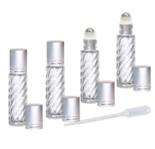 Load image into Gallery viewer, 24 CLEAR Rollerball Bottles 10mL, w/ Matte Silver Caps Stainless Steel Rollers Roll-On Essential Oil, Perfume Aromatherapy Lip Gloss Bottles
