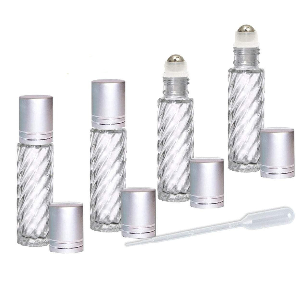 24 CLEAR Rollerball Bottles 10mL, w/ Matte Silver Caps Stainless Steel Rollers Roll-On Essential Oil, Perfume Aromatherapy Lip Gloss Bottles