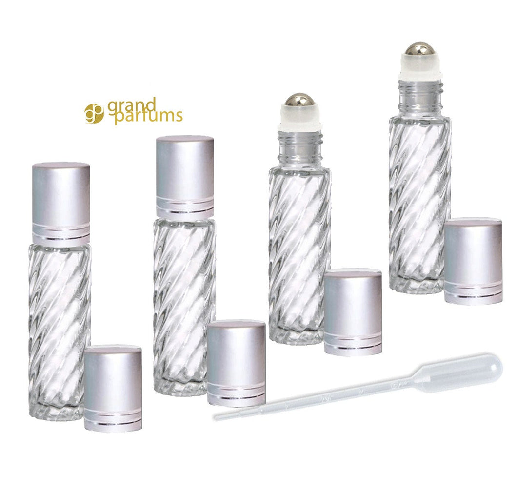 6 CLEAR Rollerball Bottles 10mL, w/ Matte Silver Caps Stainless Steel Rollers Roll-On Essential Oil, Perfume Aromatherapy Lip Gloss Bottles
