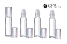 Load image into Gallery viewer, 6 CLEAR Rollerball Bottles 10mL, w/ Matte Silver Caps Stainless Steel Rollers Roll-On Essential Oil, Perfume Aromatherapy Lip Gloss Bottles