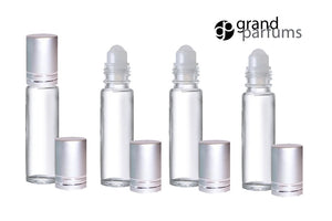 6 CLEAR Rollerball Bottles 10mL, w/ Matte Silver Caps Stainless Steel Rollers Roll-On Essential Oil, Perfume Aromatherapy Lip Gloss Bottles