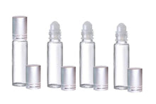 Load image into Gallery viewer, 24 CLEAR Rollerball Bottles 10mL, w/ Matte Silver Caps Stainless Steel Rollers Roll-On Essential Oil, Perfume Aromatherapy Lip Gloss Bottles