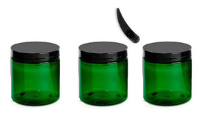 3 GREEN 8 Oz PET Plastic Jars 240ml w/ Smooth Black Caps for Body Butter, Sugar Scrubs, Balms, Bath Salt, Conditioner Hi Wall Style w/Spoons