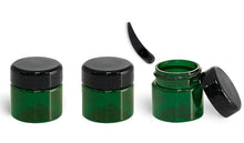 Load image into Gallery viewer, 24 GREEN MINI 1/2 Oz Jars PET Plastic Jars 15ml w/ Domed or Flat Black Caps Eye Cream Eye Shadow Salve Lip Gloss, Balm, Hand Cream w/Spoons