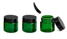 Load image into Gallery viewer, 24 GREEN MINI 1/2 Oz Jars PET Plastic Jars 15ml w/ Domed or Flat Black Caps Eye Cream Eye Shadow Salve Lip Gloss, Balm, Hand Cream w/Spoons