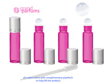 Load image into Gallery viewer, 6 Roll On Bottles 10ml SOLID Magenta Hot Pink STAINLESS Steel Roller Balls  Luxury GOLD Caps Essential Oil Lip Gloss Perfume
