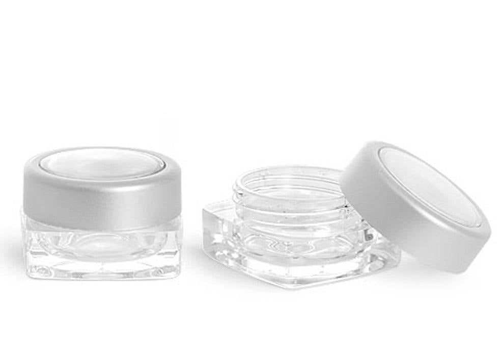 12 5ml Mini PS Plastic Window JARS w/ Silver Caps Eyeshadow Lip Balm, Gloss Sample Tester Cream Solid Perfume Party Favor Cosmetic SAFE