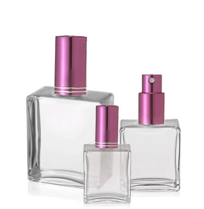 1 Oz Glass Atomizer 30ml Square Flat Perfume Bottles Fine Mist Spray w/ Purple, Black, Matte Silver Metalllic Cap Pipette Refillable