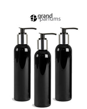 Load image into Gallery viewer, 3 BLACK COSMO Bottles 8 Oz 240ml  PET Plastic Bottles w/ Premium Silver Lotion Pump Bullet Bottle, for Lotion Shampoo Body Cream 240 ml