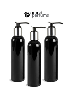 3 BLACK COSMO Bottles 8 Oz 240ml  PET Plastic Bottles w/ Premium Silver Lotion Pump Bullet Bottle, for Lotion Shampoo Body Cream 240 ml