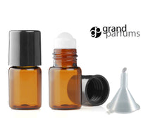 Load image into Gallery viewer, 12 Empty 2mL Amber Mini Glass Rollerball Bottles w/ STAINLESS STEEL PREMIUM Roller and Silver Caps Roll-on Refillable Rollon Essential Oil