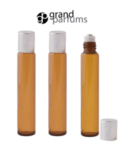 6 Tall 10mL Amber Glass Roller Ball Bottles Rollerball w/ DELUXE STEEL ROLLERS, Metallic Silver Caps Roll-on Refillable Rollon Essential Oil