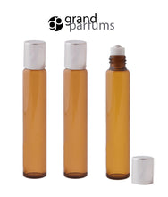 Load image into Gallery viewer, 6 Tall 15mL Amber Glass Roller Ball Bottles Rollerball w/ DELUXE STEEL ROLLERS, Metallic Silver Caps Roll-on Refillable Rollon Essential Oil