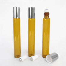 Load image into Gallery viewer, 6 Tall 10mL Amber Glass Roller Ball Bottles Rollerball w/ DELUXE STEEL ROLLERS, Metallic Silver Caps Roll-on Refillable Rollon Essential Oil