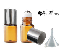 Load image into Gallery viewer, 12 Empty 2mL Amber Mini Glass Rollerball Bottles w/ STAINLESS STEEL PREMIUM Roller and Silver Caps Roll-on Refillable Rollon Essential Oil
