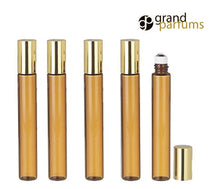 Load image into Gallery viewer, 6 Roller Bottles, Long Slim Glass 10ml Amber Roll-on, Perfume Bottles STAINLESS STEEL Ball Fitment, 1/3 Oz Essential Oil, Lip Gloss, 10 ml