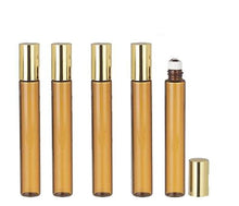 Load image into Gallery viewer, 12 LUXURY Long Slim Glass 10ml Amber Roll-on, Roller Perfume Bottles STAINLESS STEEL Ball Fitment, 1/3 Oz Essential Oil, Lip Gloss, 10 ml